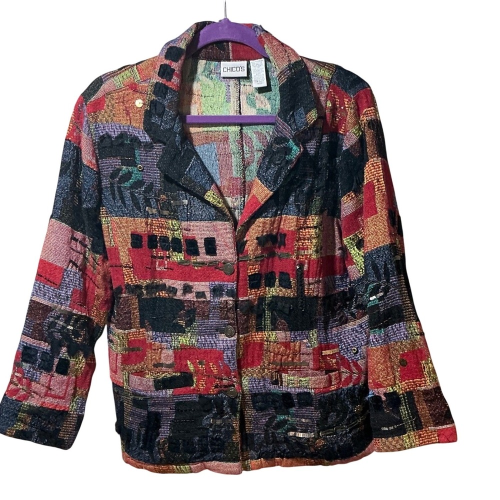 Chicos Patchwork Jacket Textured Embroidered Sequins‎ Red Black Multi Size 2